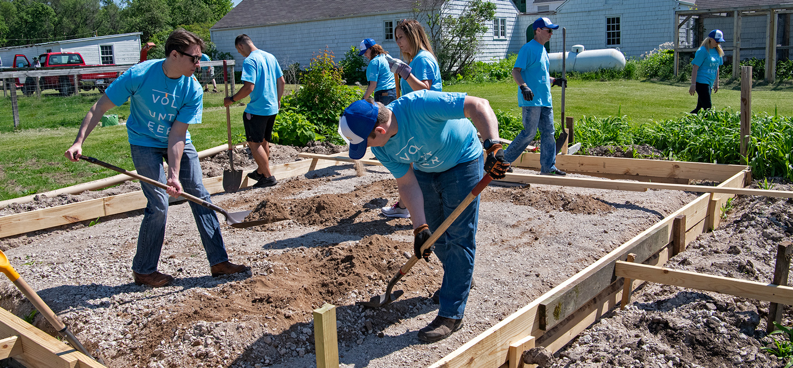 Group of people working together digging plots with shovels in a community garden