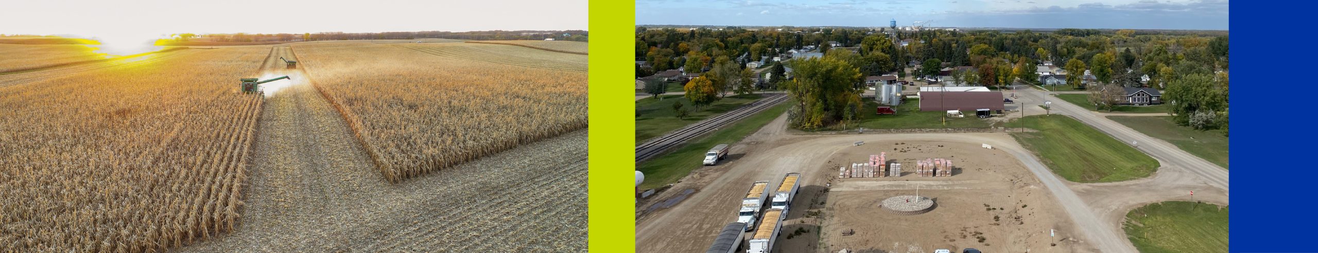 Collage of combine harvesting wheat and aerial of a rural town
